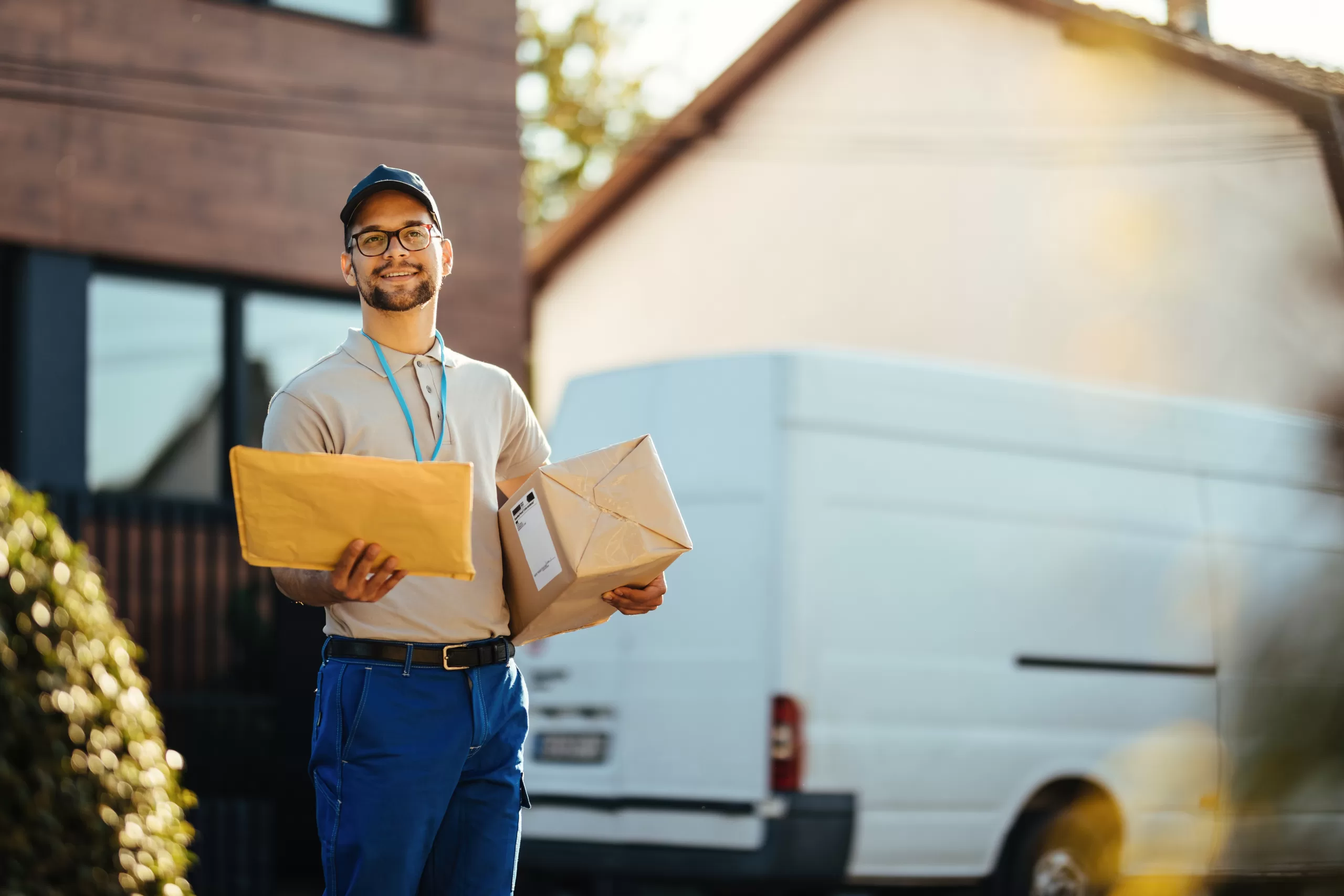 Young smiling postman delivery packages at residential district.